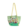 Cartoon canvas tote bag with mini purse, green checkered pattern and bear illustration - Yellow