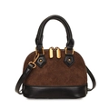 Detail of matte quilted shell bag with brown suede and black leather stitching - Brown