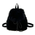Chic black faux fur drawstring backpack with soft texture and silver metal details - Black
