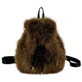 Brown fluffy faux fur drawstring backpack with black nylon straps for winter fashion - Brown