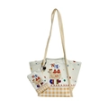 White canvas tote bag for kids featuring a camel print and yellow checkered bottom - Alpaca