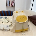 Cute cream canvas cow-themed backpack with cartoon face detail and green drawstring - Medium / White