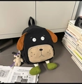 Cartoon dog shaped black backpack with brown ears and a purple plush bear charm - With Pendant / Medium / Black