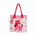 Pink checkered cartoon rabbit tote bag with red handles and mini matching pouch - Pink Rabbit