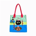 Colorful canvas cartoon tote bag with cat and dog print and red shoulder straps - Green Striped Cat & Dog