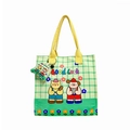 Cute green checkered canvas tote bag for kids with cartoon pets and Good Luck art - Green Plaid Cat & Dog
