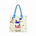 Cute cartoon canvas tote bag in beige with blue handles and puppy illustration - Blue Two Dogs