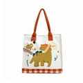Cartoon dinosaur canvas tote bag for kids in white with orange handles and red plaid base - Dinosaur