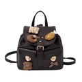 Kids leopard print backpack in dark brown leather with cute plush cartoon patches - Brown