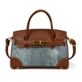 Mini colorblock kids handbag in brown leather and blue denim with golden metal clasp - Cowboy