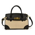 Mini zweifarbige Kindertasche aus beige Segeltuch und schwarzem Leder mit Schloss - Schwarz