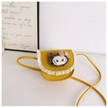 Détail du sac bandoulière jaune pour enfant avec dentelle blanche et chat en peluche - Jaune
