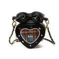 Black heart-shaped mini crossbody bag with a large bow and colorful plaid heart patch - Black