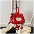 Red patent leather mini backpack for kids featuring apple embroidery and polka dot patterns - Red (Bag Only)