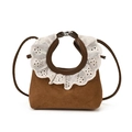 Mini brown suede dumpling bag with white lace embroidery handle for girls and women - Brown Small