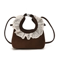 Brown faux suede mini crossbody bag featuring white lace ruffles and embroidery - Coffee Small