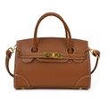 Miniature brown leather tote bag for kids featuring white stitching and gold lock hardware - Brown