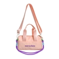 Light pink cylindrical bucket bag for kids with purple letters and adjustable strap - Pink