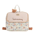 Zainetto bimbi floreale con patta a quadretti beige e simpatico orsetto di peluche - Cachi Piccolo