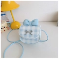 Close-up of light blue plaid children handbag with lace trim and bow knot detail - Blue