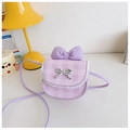 Detail of purple plaid crossbody bag with lace edges and silver metal bow buckle - Purple