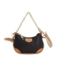 Deep brown litchi pattern leather crescent bag with gold chain and khaki shoulder strap - Dark Brown