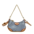 2025 minimalist denim blue underarm bag with leather trim and gold chain strap - Blue