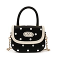 Mini borsa a tracolla per bambine in pelle nera a pois con logo orsetto carino - Nero