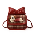 Red plaid mini crossbody bag for kids with bow and cute plush puppy decoration - Red
