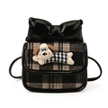 Mini plaid kids crossbody bag with a cute cartoon puppy and glossy black bow decoration - Black
