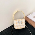 Mini sac à main à carreaux jaunes avec bordure en dentelle et fermoir nœud argenté - Jaune