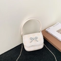 Beige plaid crossbody bag with lace trim, silver bow accent and metal chain strap - Beige