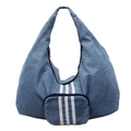 Blue denim tote bag set with white three-stripe canvas detail and zipper closure - Light Blue