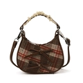 Retro crossbodytas met bruin ruitpatroon en decoratieve leren strikjes - Koffie Ruit