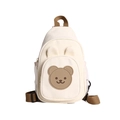 Sac bandoulière enfant en toile crème avec écusson ours brun mignon et poche en filet - Marron Petit