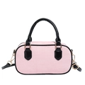 Pink striped corduroy kids shoulder bag with black leather handles and gold hardware - Pink