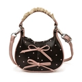 Polka dot children's handbag with pink bows and elegant white lace handle details - Brown