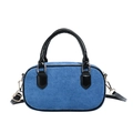 Blue corduroy shoulder bag for kids featuring black leather handles and golden metal clips - Blue