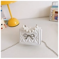 Mini bolso blanco acolchado con asa de perlas y lazo plateado para niñas y jóvenes - Blanco