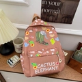 Pink cartoon backpack with elephant and cactus prints for kids with white text - Brown