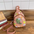 Pink cartoon elephant print chest bag for kids with adjustable strap and dual zippers - Brown