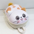Detail view of cartoon cat toddler backpack with purple hard shell and orange polka dots - Cat