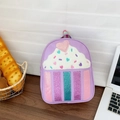 Purple cupcake backpack for kids with white faux fur and colorful heart sequins - Purple Stripes
