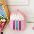 Pink cupcake-themed kids backpack with plush cream topping and rainbow unicorn horn - Rose Pink Lines