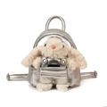Shiny silver mini backpack for girls featuring a cute white plush bunny in front pocket - Silver