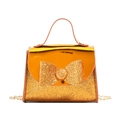Mini orange sequined girl handbag with glitter bow and shiny metallic finish crossbody strap - Orange