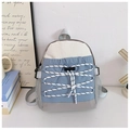 Detail van blauw-witte mini rugzak met elastische koorden en zijzakken van mesh materiaal - Blauw