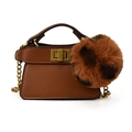 Mini brown leather crossbody bag with leopard print pom-pom and gold hardware accents - Brown With Hairball
