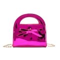 Shiny rose pink patent leather girls handbag with a sweet bow and golden chain strap - Rose Red