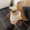 Mini cream kids tote bag with brown monogram pattern and leather straps - White Letter